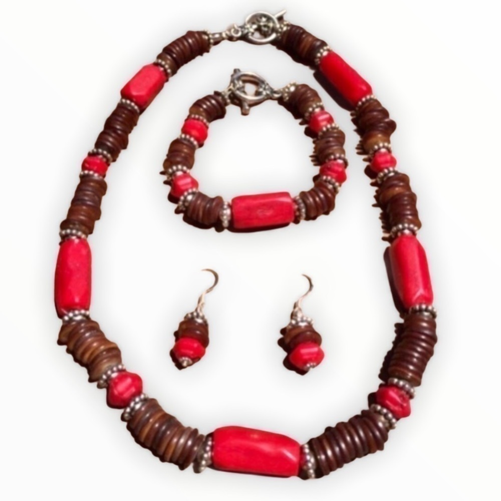 Coral Bamboo and Brown Shell Necklace Handmade Set